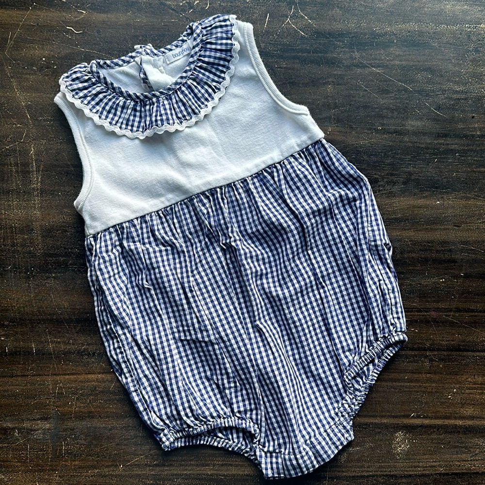 Bout’chou French White & Blue Vichy Gingham Bubble Sleeveless Bodysuit, NWOT